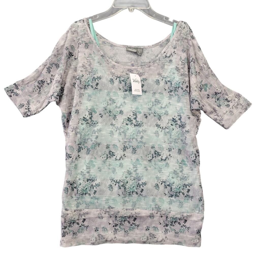 Vanity Gray Shirt Layered Tank Top NEW $26 Metallic Floral Short Sleeves Women M